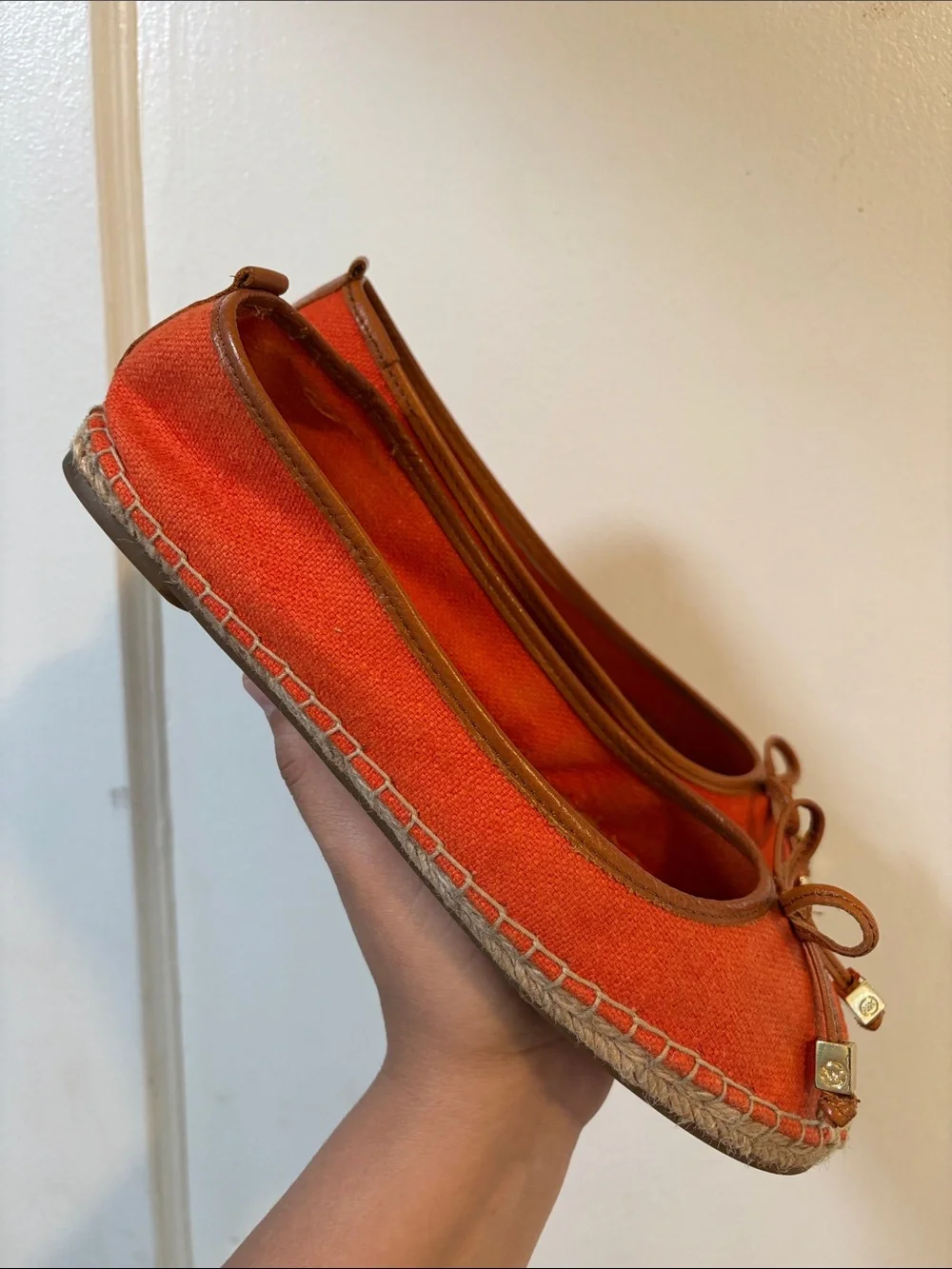 Michael Kors Orange Canvas Espadrille Ballet Flats with Leather Trim
